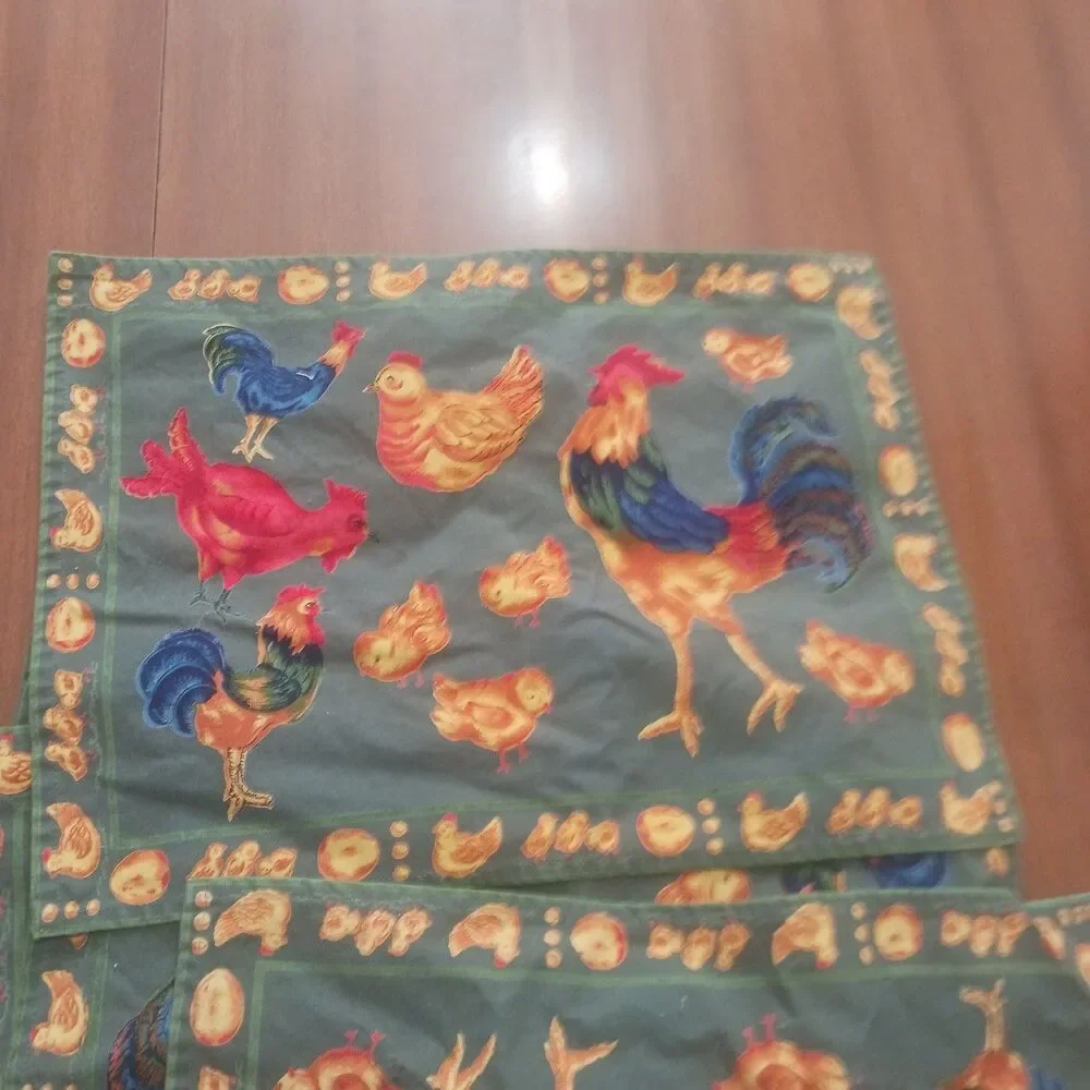 Vintage Linens Placemats Chicken Roosters Green 6